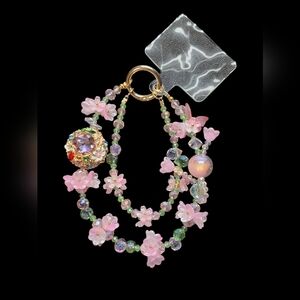 Floral Pink and Green Beaded Phone or Bag Charm with Phone Card Insert